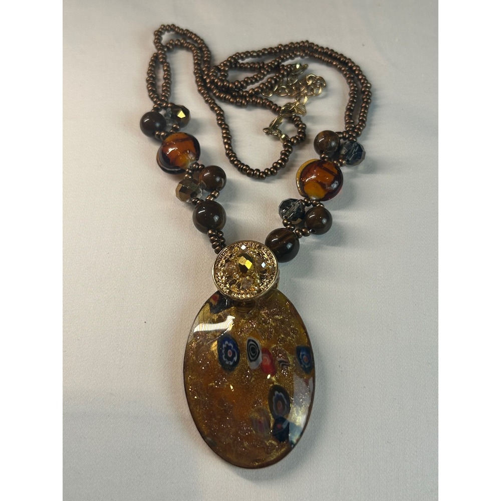 Unbranded Millefiori Murano Style Pendant Necklace Women OS Brown Gold Beaded